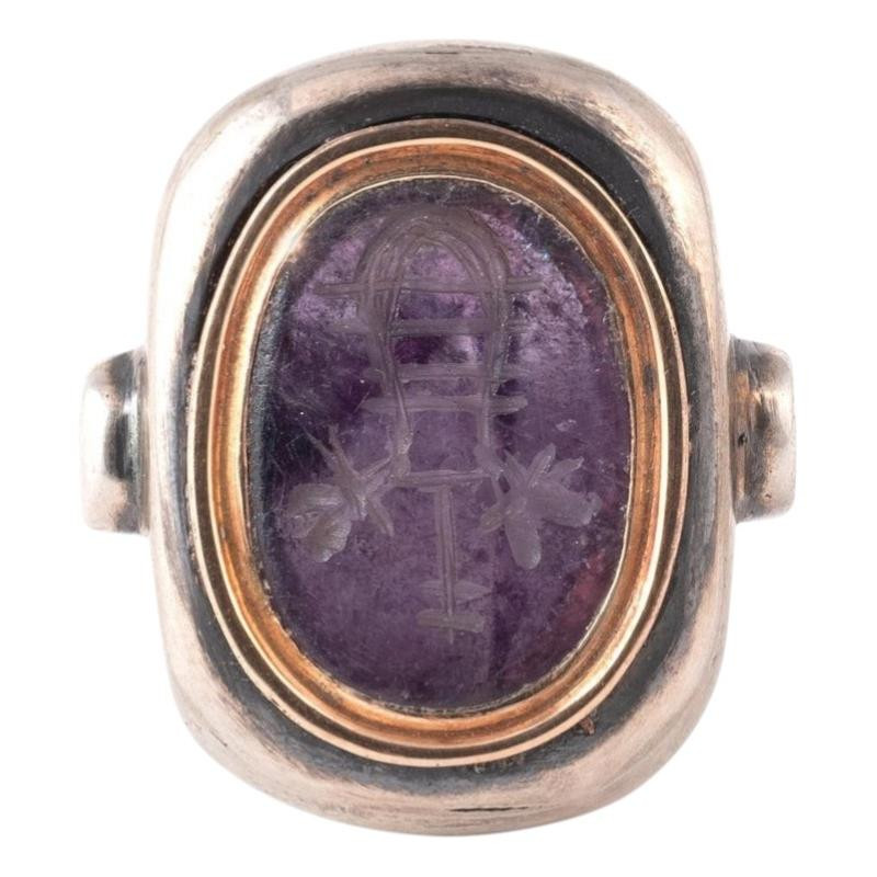Blackened Silver Gold Amethyst Ring Depicting Musical Instrument 1st Century