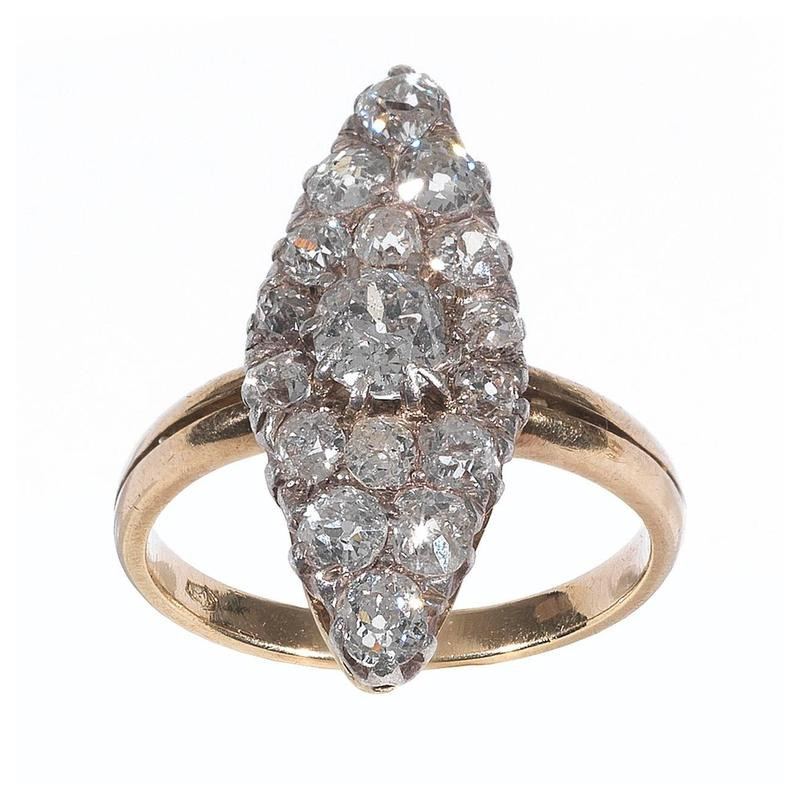 Marquise Old Cut Diamond Silver Gold Cluster Ring