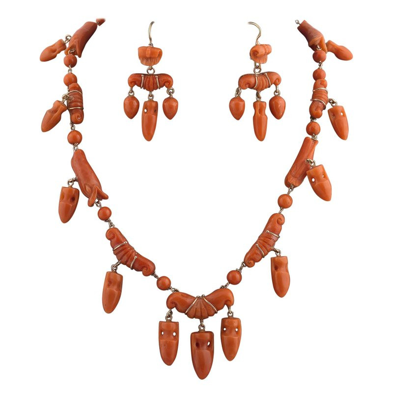 Antique Corallium Rubrum Necklace and Earrings, circa 1860