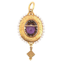 Holbeinesque Amethyst Diamond Enamel Natural Pearl And Gold Pendant circa 1865