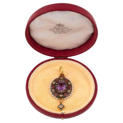 Holbeinesque Amethyst Diamond Enamel Natural Pearl And Gold Pendant circa 1865