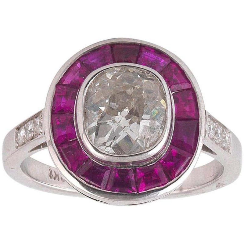 Old Cut 2.5 Carat Diamond Ruby White Gold Cluster Ring