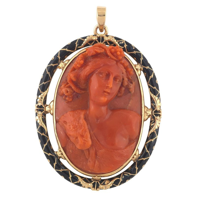 Coral Cameo Depicting Dionysus with Gold and Enamel Setting, Circa 1820's