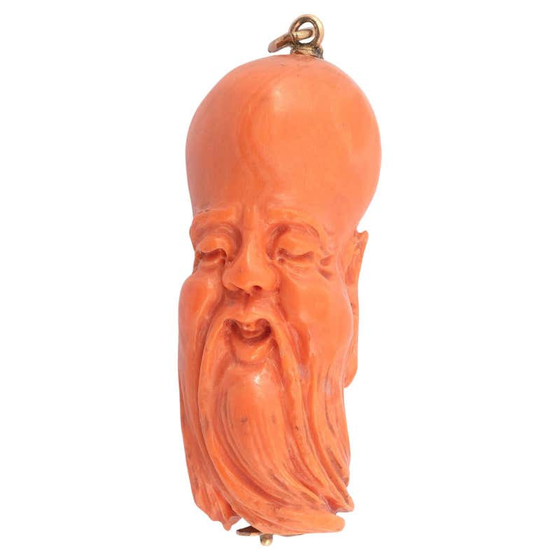 18 Karat Yellow Gold Coral Shoulao Charm Pendant