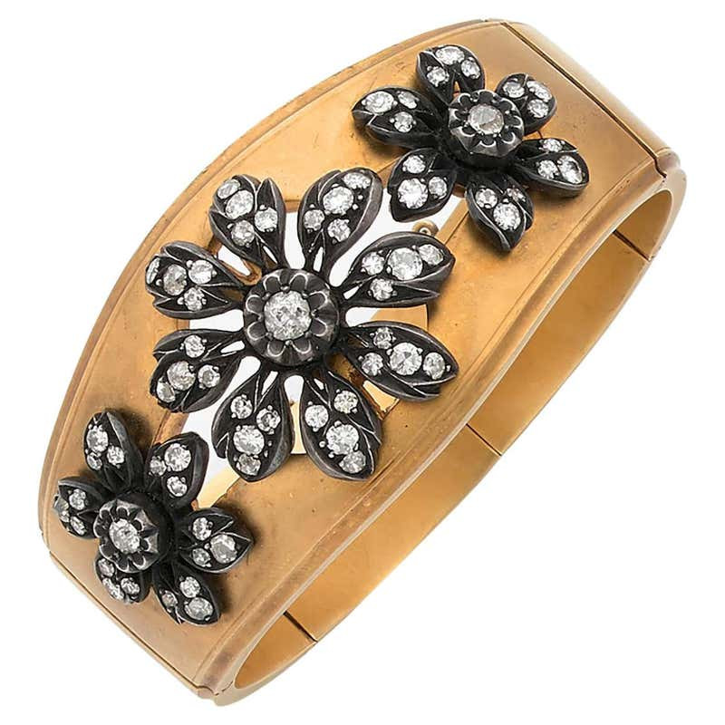 Antique French Gold and Old Cut Diamond Bangle Bracelet circa 1860