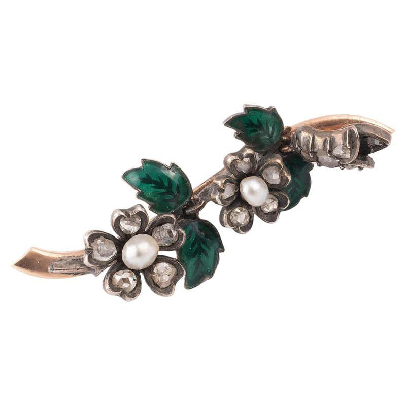 Enamel and Diamond Flower Brooch Circa 1900's